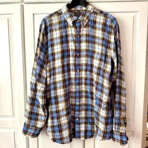 Vince - 100%‎ Linen Blue, Cream and Brown Long Sleeve Button Up-  Size XL